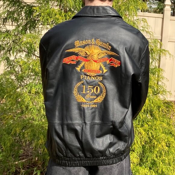 Vintage Columbia Jacket, Black Leather, Mens Medium, w/ Custom Embroidery, Eagle - Picture 3 of 12